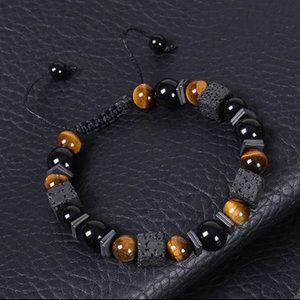 Brown Tiger's Eye Black Obsidian Square Lava Rock Natural Stone Beaded Bracelet
